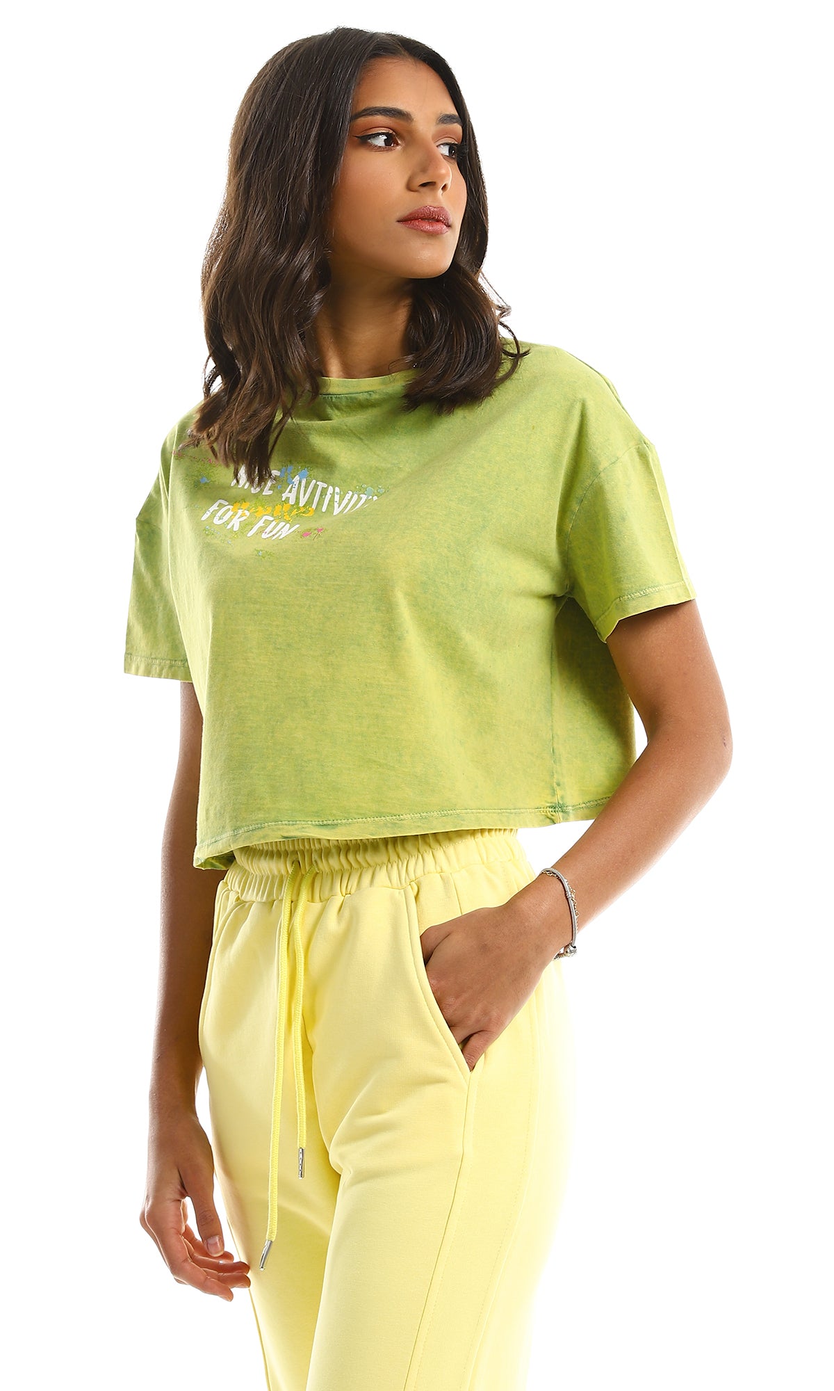 97656 Round Neck Printed Loose Apple Green Tee