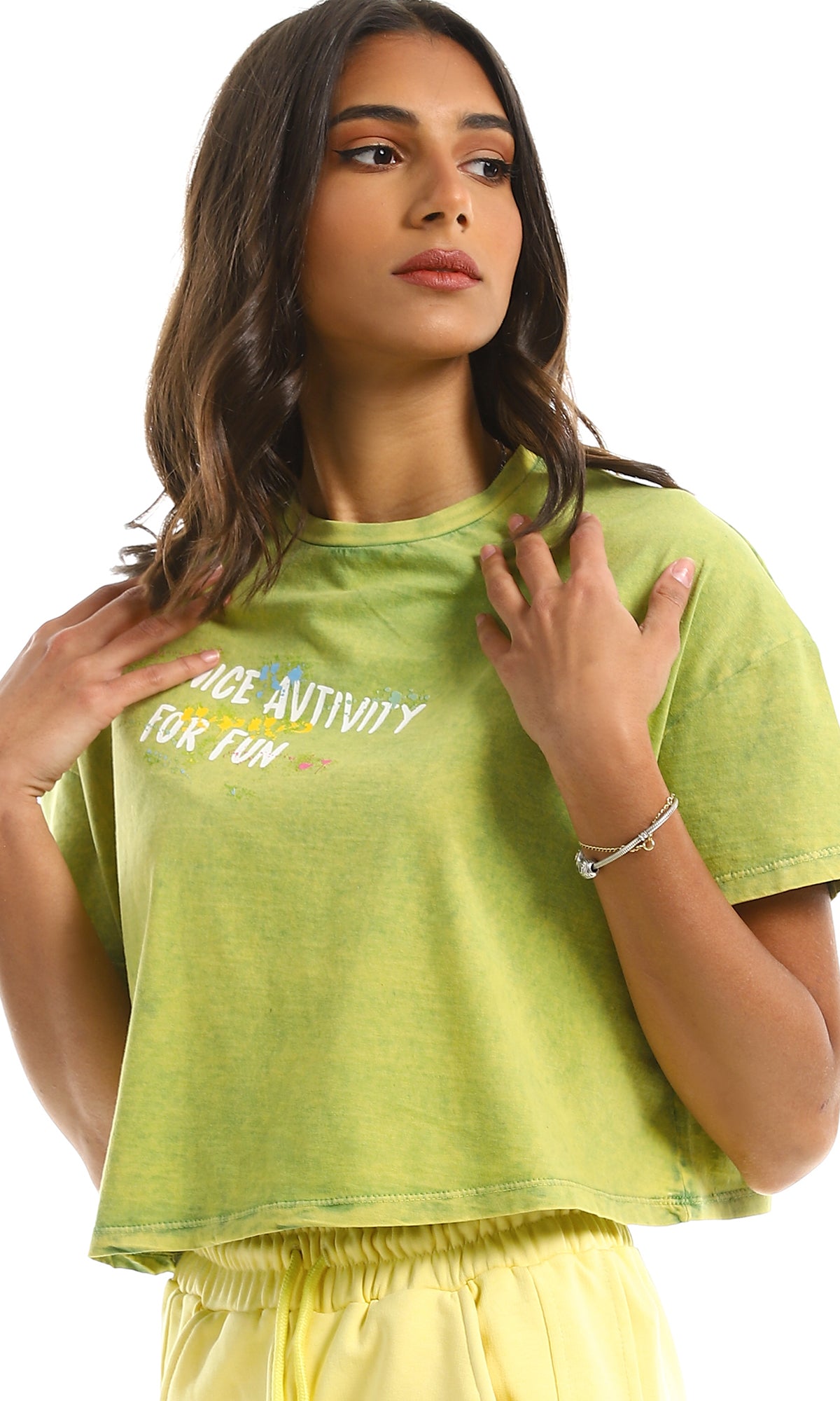 97656 Round Neck Printed Loose Apple Green Tee