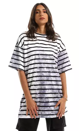 97718 Short Sleeves Striped With Tie Dye Long Tee - Navy Blue & White