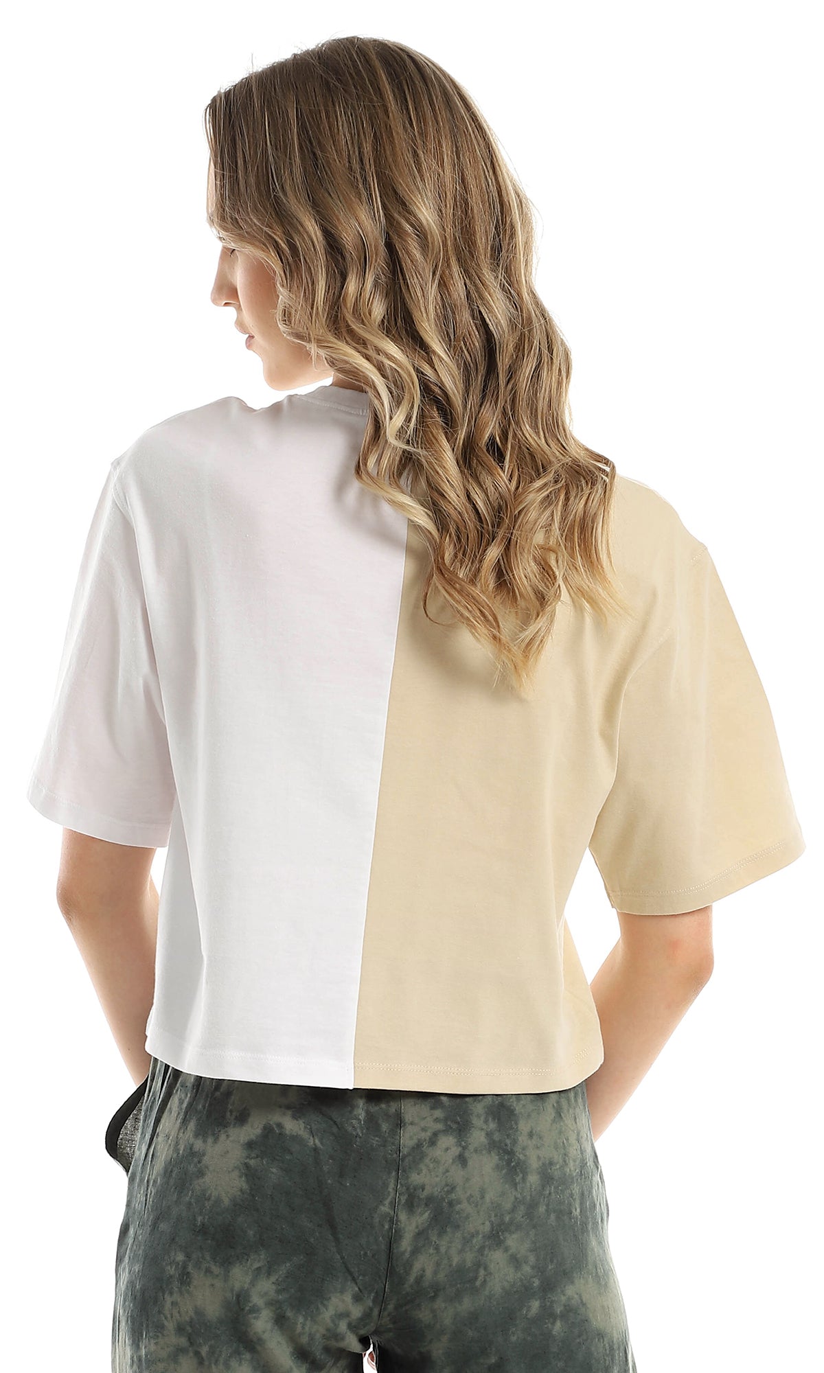 98266 Bi-Tone Solid Beige & White Elbow Sleeves Tee