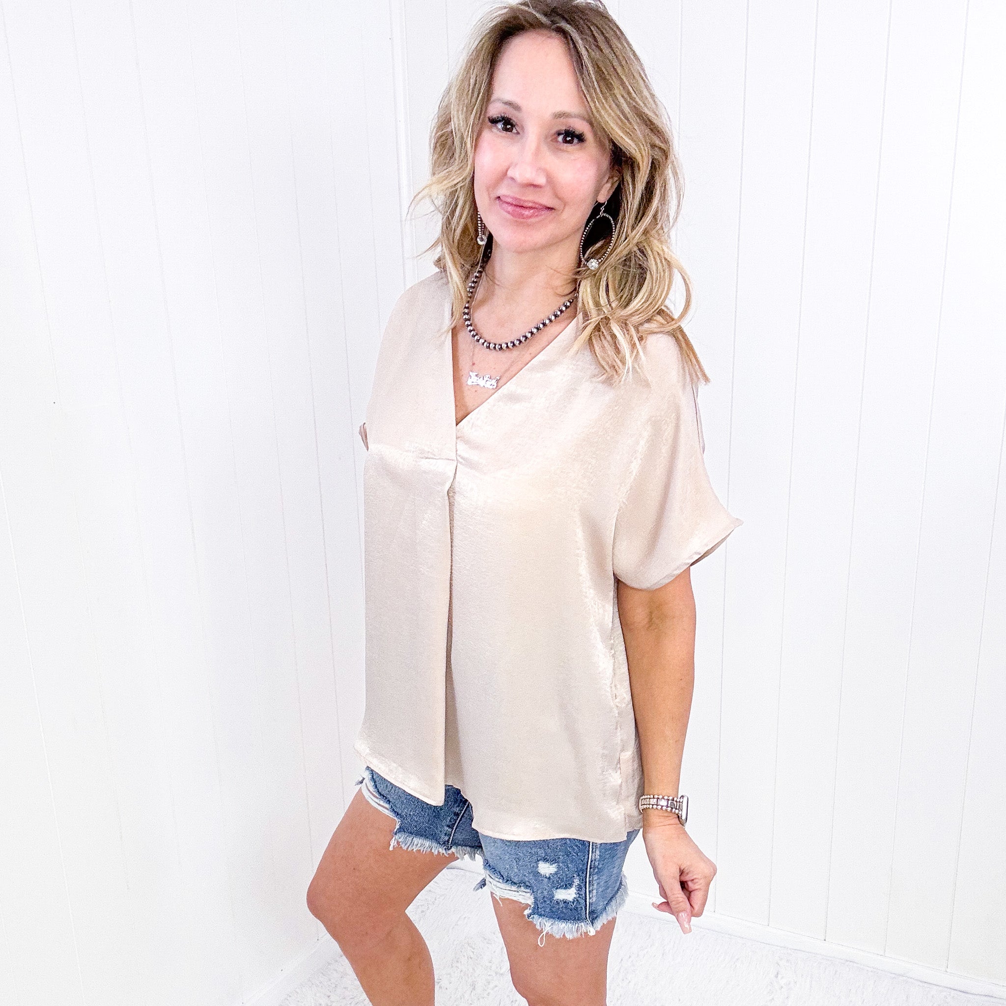 Andree by Unit Pleat Front V-Neck Top in Taupe