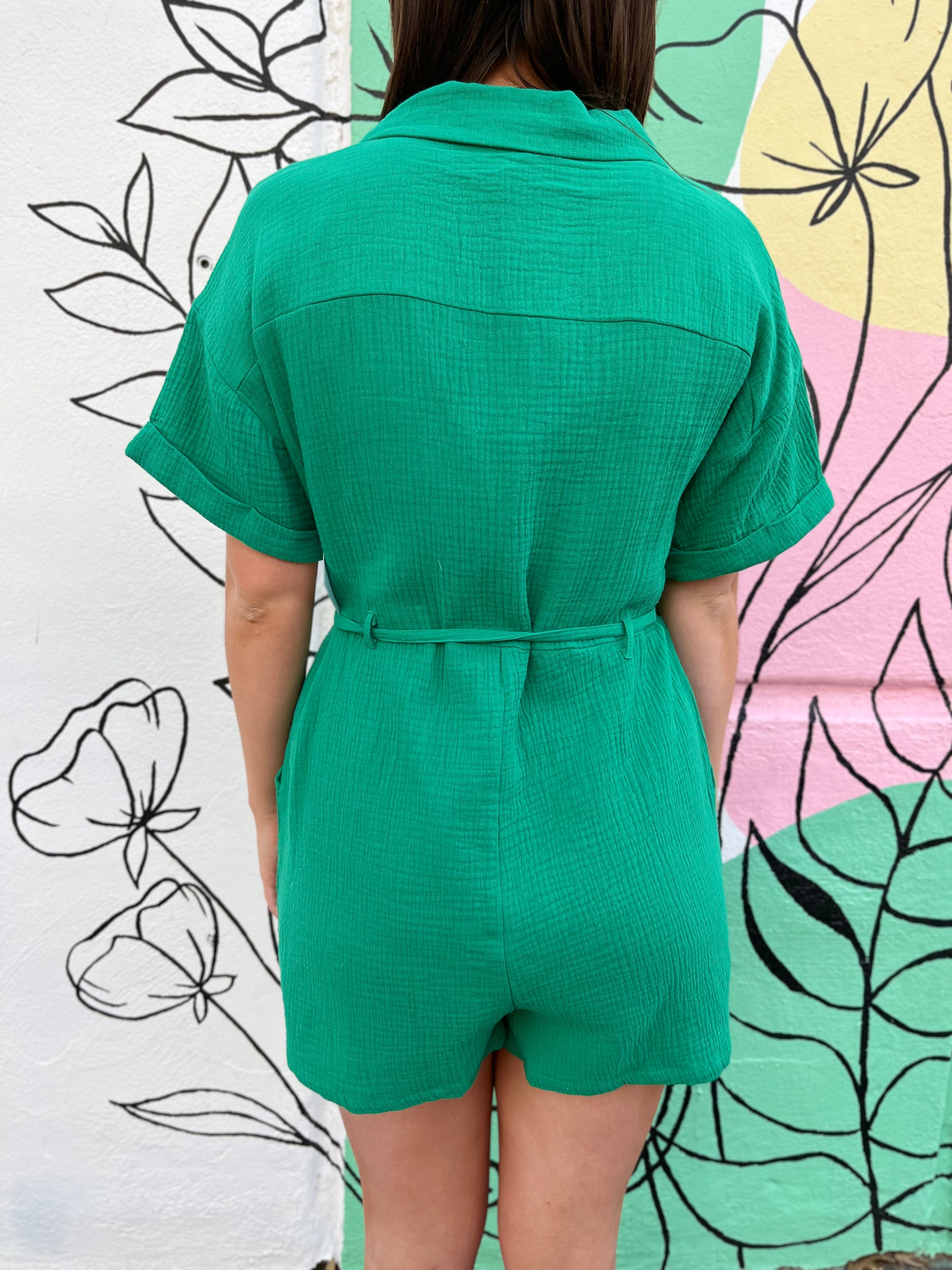 Belted Button Down Romper - Kelly Green