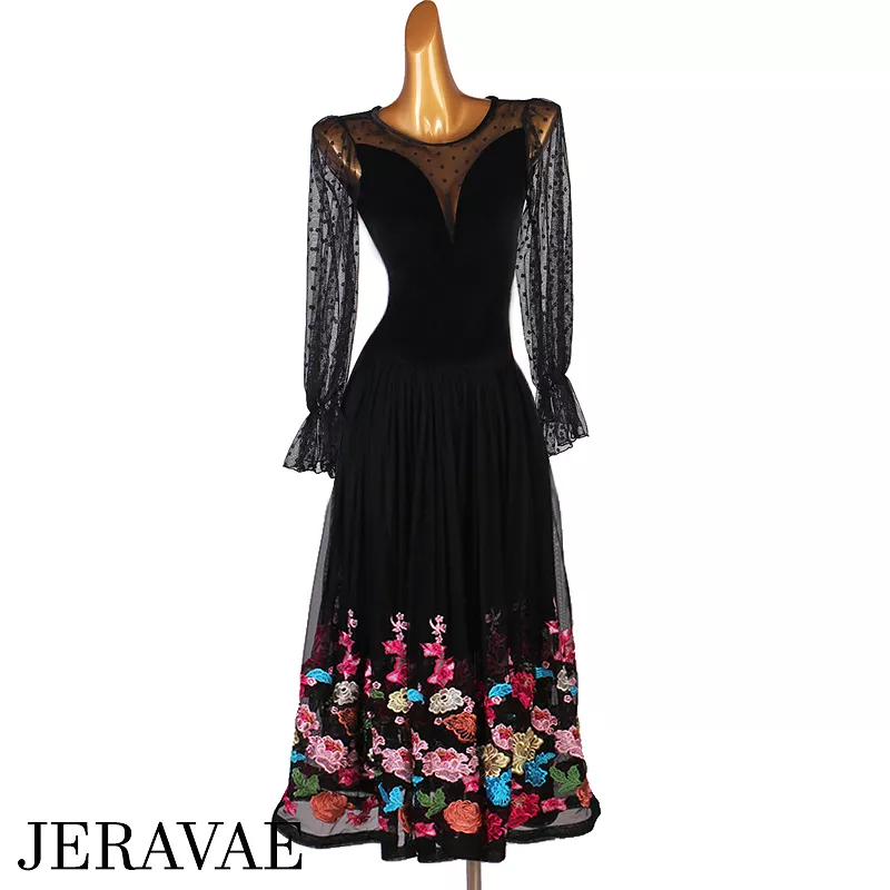 Black Ballroom Dress with Velvet Bodice, Dotted Mesh Sleeves and Illusion Neckline, and Colorful Lace Appliqué Flowers on Skirt 