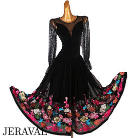 Black Ballroom Dress with Velvet Bodice, Dotted Mesh Sleeves and Illusion Neckline, and Colorful Lace Appliqué Flowers on Skirt 