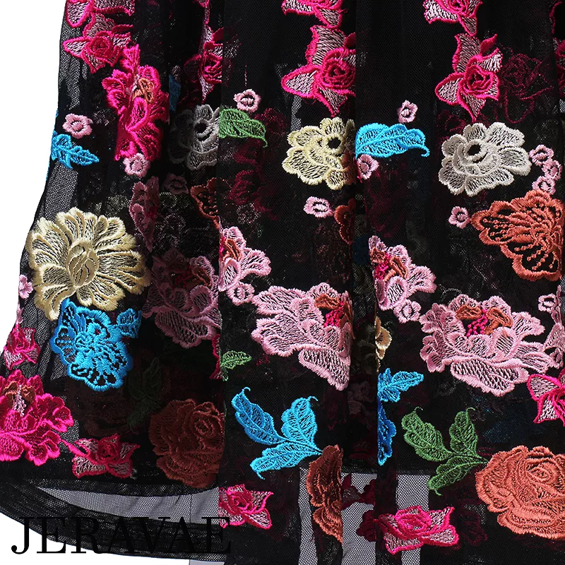 Black Ballroom Dress with Velvet Bodice, Dotted Mesh Sleeves and Illusion Neckline, and Colorful Lace Appliqué Flowers on Skirt 