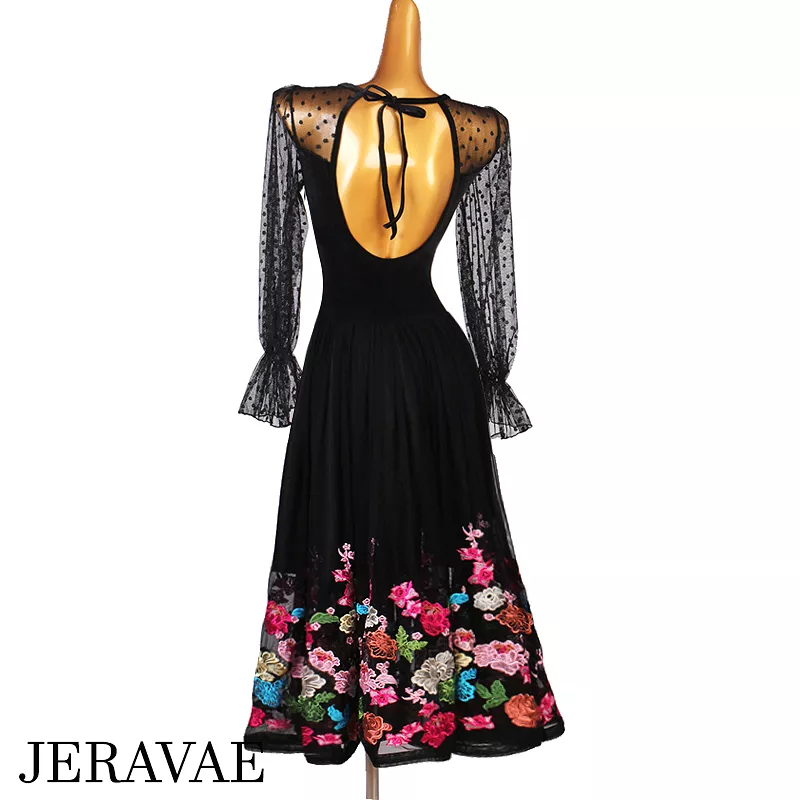 Black Ballroom Dress with Velvet Bodice, Dotted Mesh Sleeves and Illusion Neckline, and Colorful Lace Appliqué Flowers on Skirt 