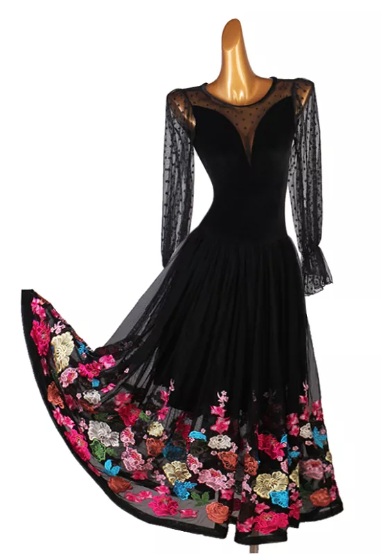 Black Ballroom Dress with Velvet Bodice, Dotted Mesh Sleeves and Illusion Neckline, and Colorful Lace Appliqué Flowers on Skirt 