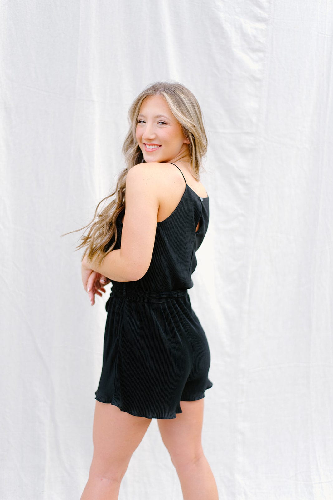 Black Halter Pleated Romper