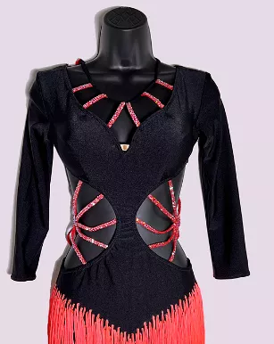 Black Latin Dress with 3/4 Length Sleeves, Waist Cutouts, Stoned Straps, and Neon Coral Fringe Skirt Sz XS Lat209