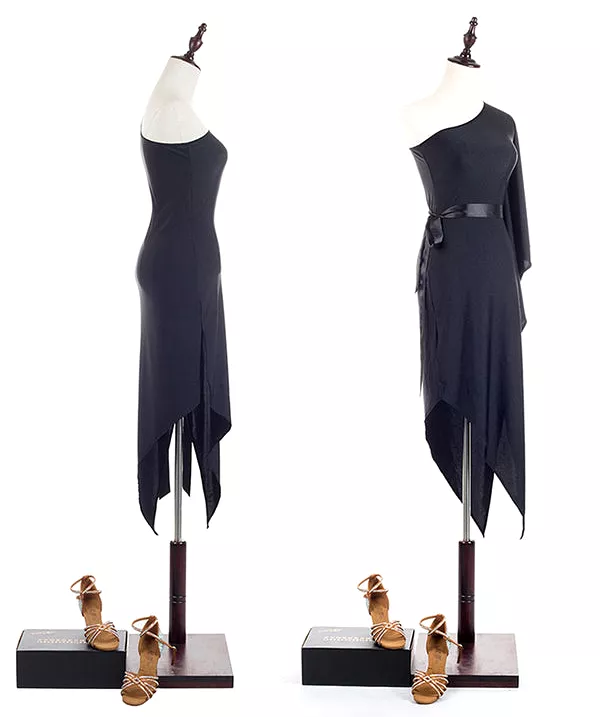 Black Latin Dress with Pointed Diagonal Skirt and Long Floating Flutter Sleeve PRA 350_sale