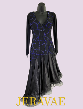 Black Mesh Long Sleeve Latin/All Around Dress with Sweetheart Neckline, Blue Stone Geometric Pattern, Asymmetric Skirt, and Expo