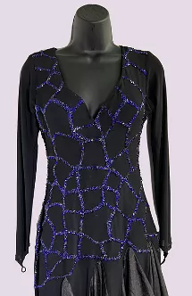 Black Mesh Long Sleeve Latin/All Around Dress with Sweetheart Neckline, Blue Stone Geometric Pattern, Asymmetric Skirt, and Expo