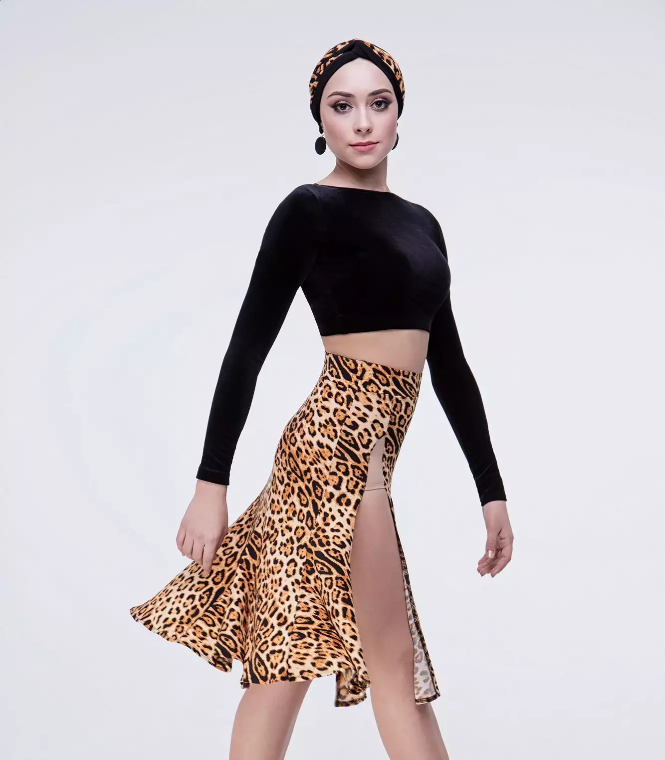 Black or Leopard Print Latin Practice Skirt with High Waist and Double Slit Skirt Sizes 38-52 Pra495