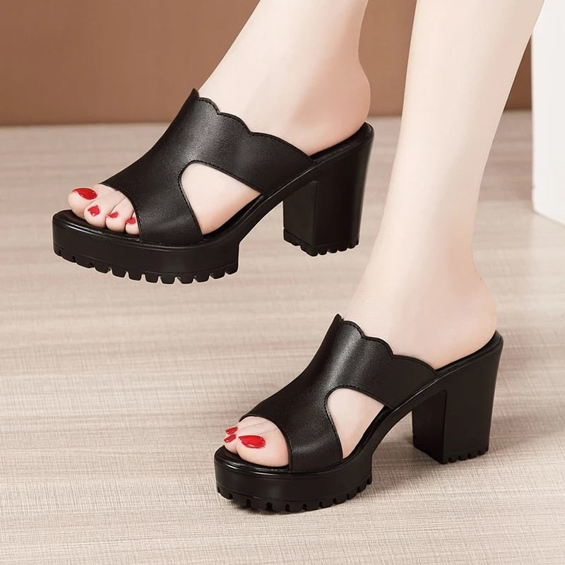 Block Heel Platform Slippers New High Heels Ladies OfficeSandals