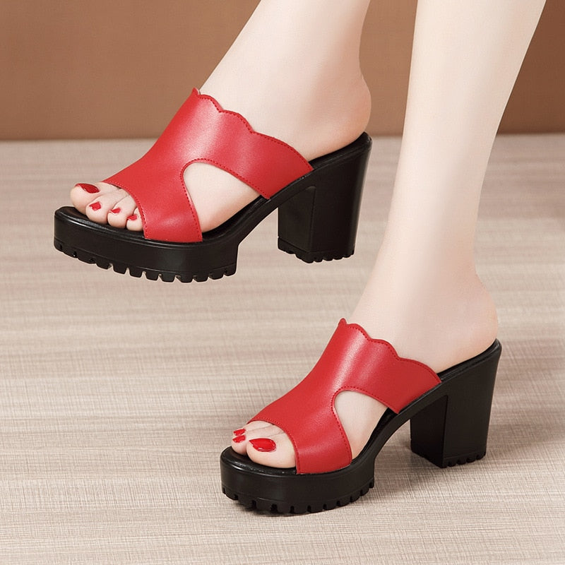 Block Heel Platform Slippers New High Heels Ladies OfficeSandals