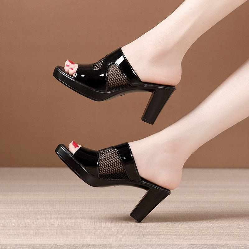 Block Heel Platform Slippers New High Heels Ladies OfficeSandals