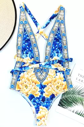 Blue Floral Print One Piece Swimsuit