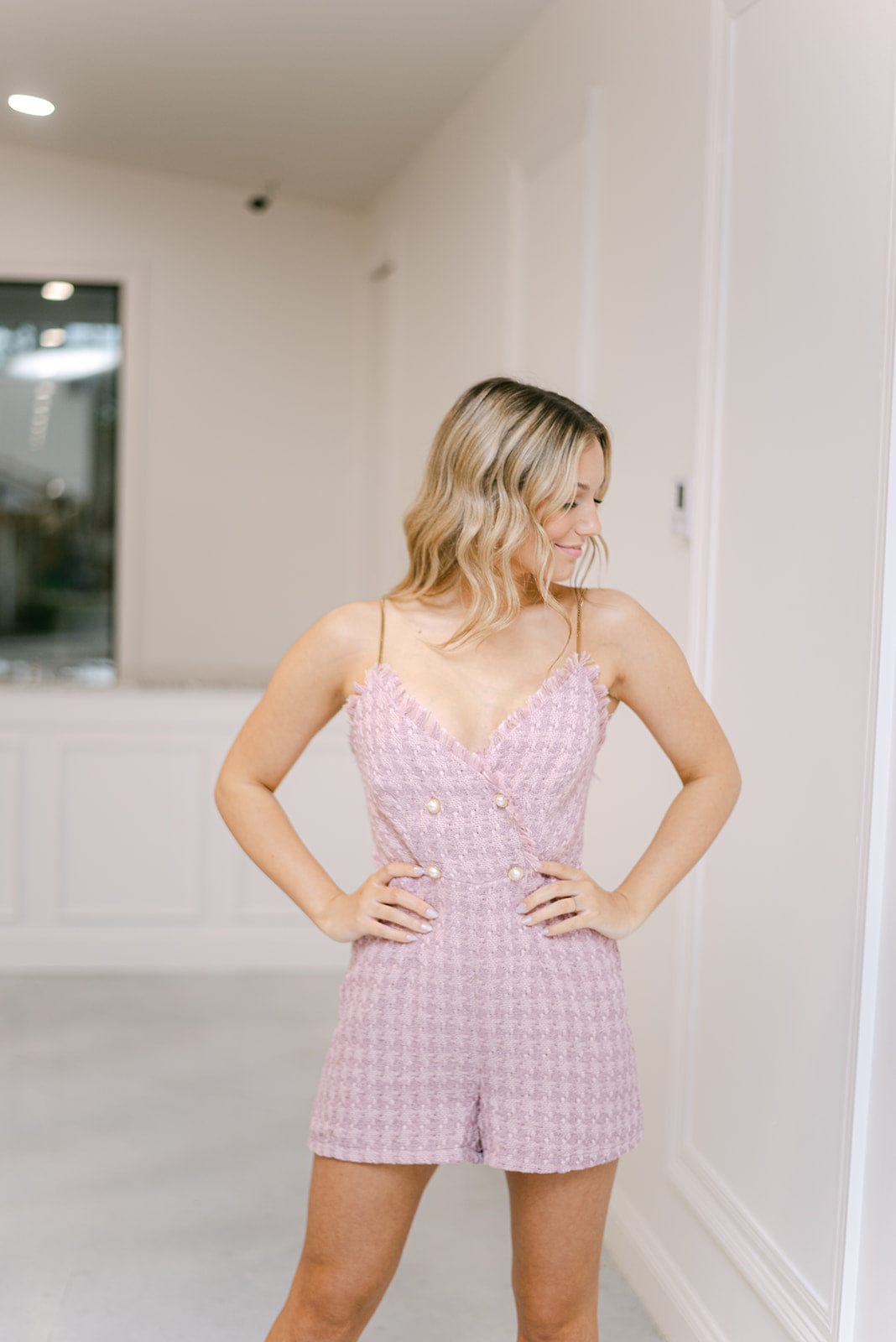 Blush Pink Tweed Chain Romper