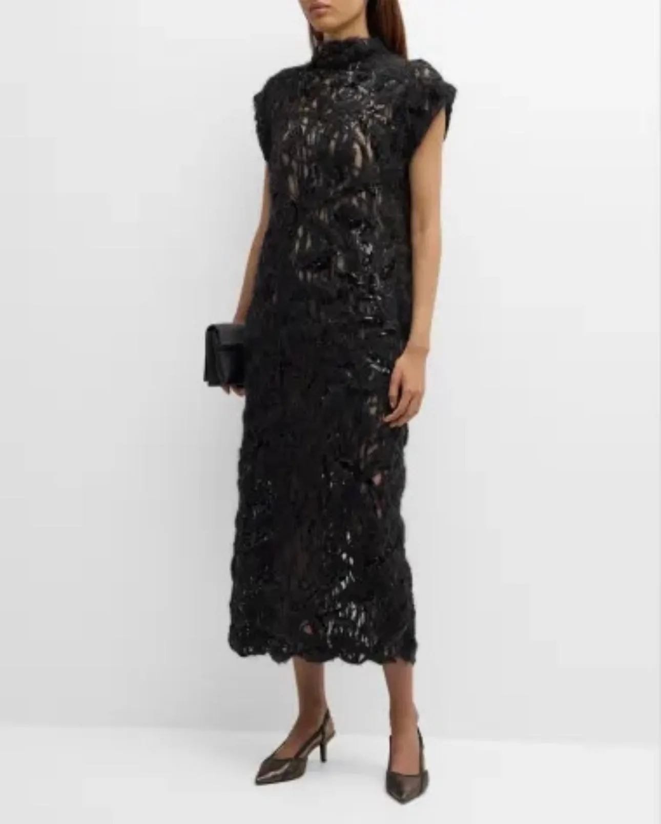 Brunello Cucinelli Black Mohair Sequin Knit Long Dress with Silk Slip - S (6)