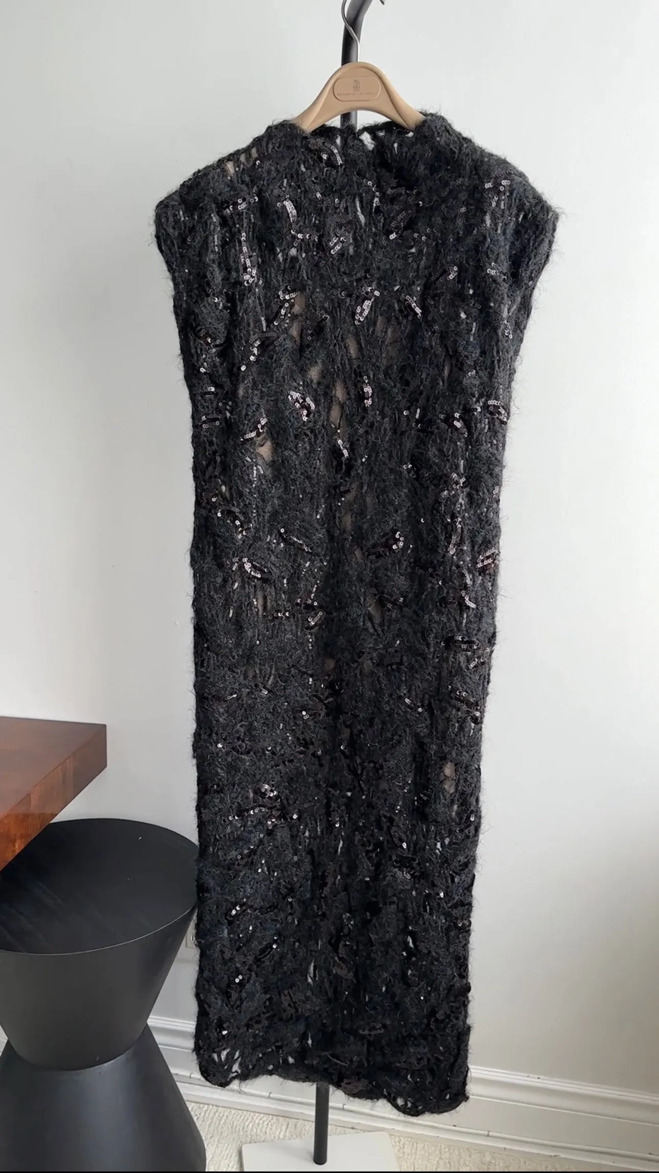 Brunello Cucinelli Black Mohair Sequin Knit Long Dress with Silk Slip - S (6)