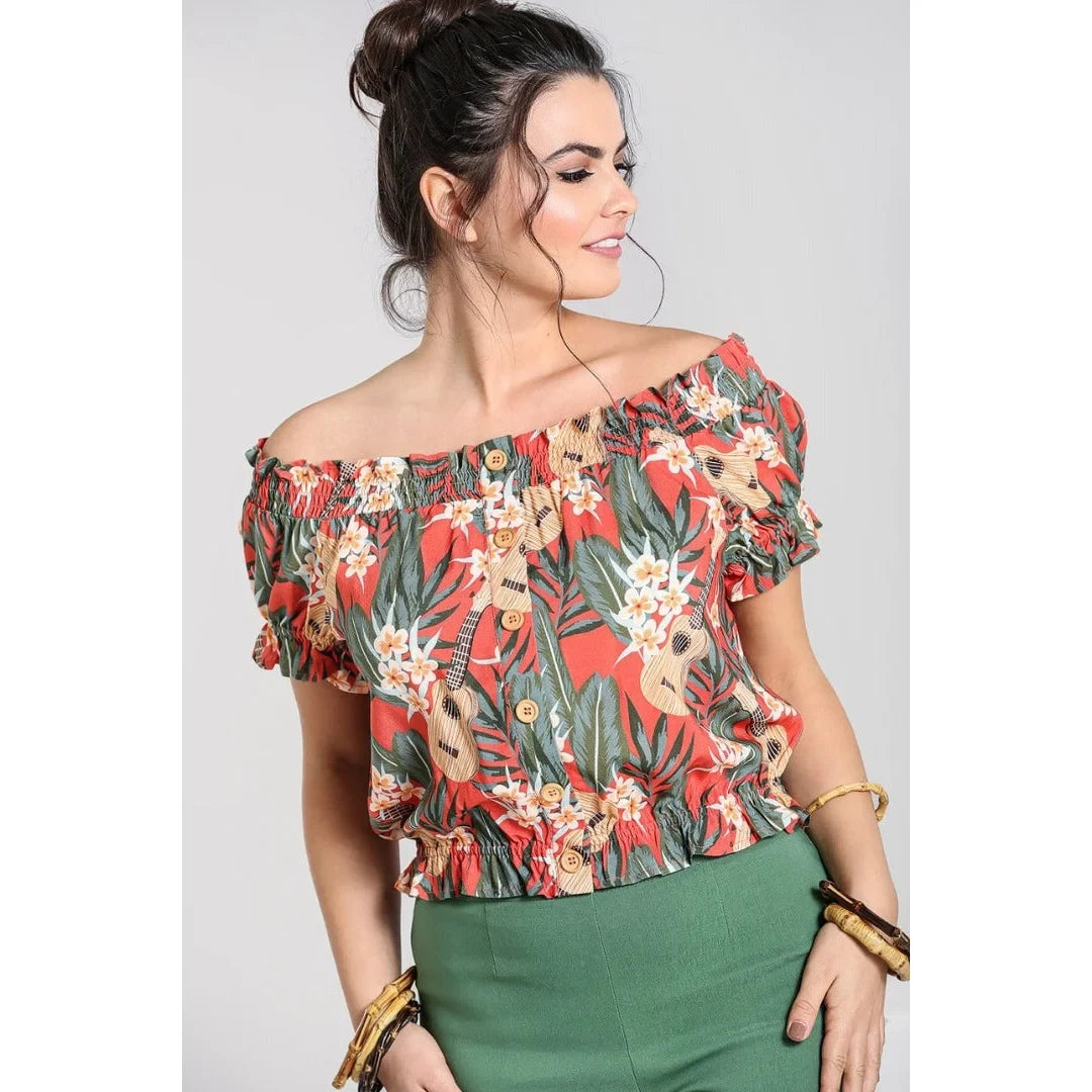 Burnt Orange Tropical Ukelele Print Off-the-shoulder top