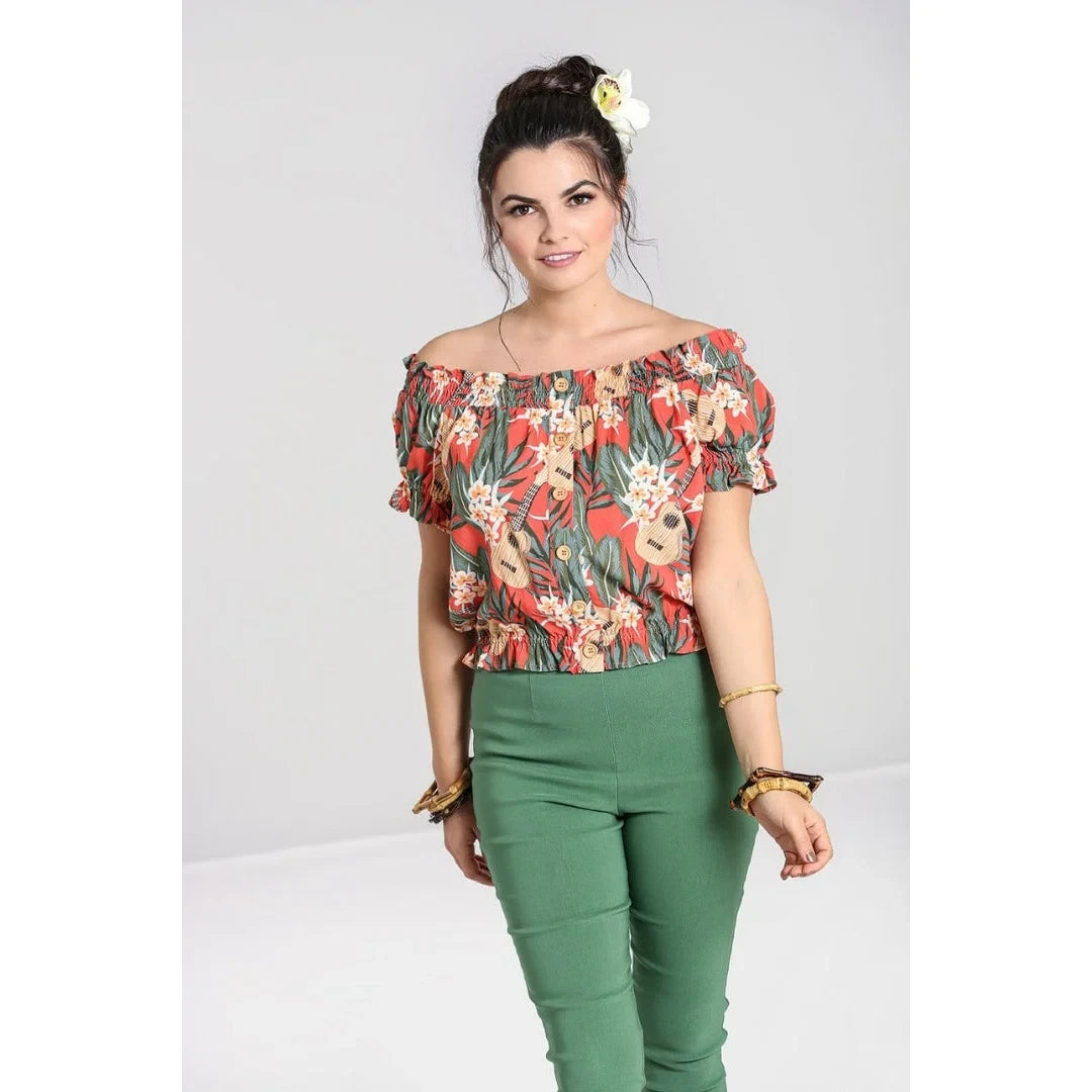 Burnt Orange Tropical Ukelele Print Off-the-shoulder top