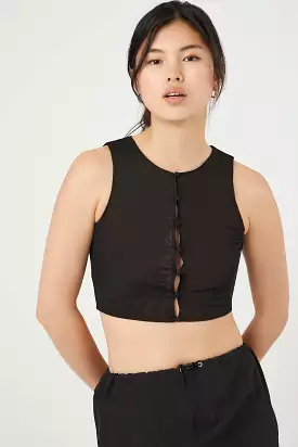 Button-Front Mesh Crop Top