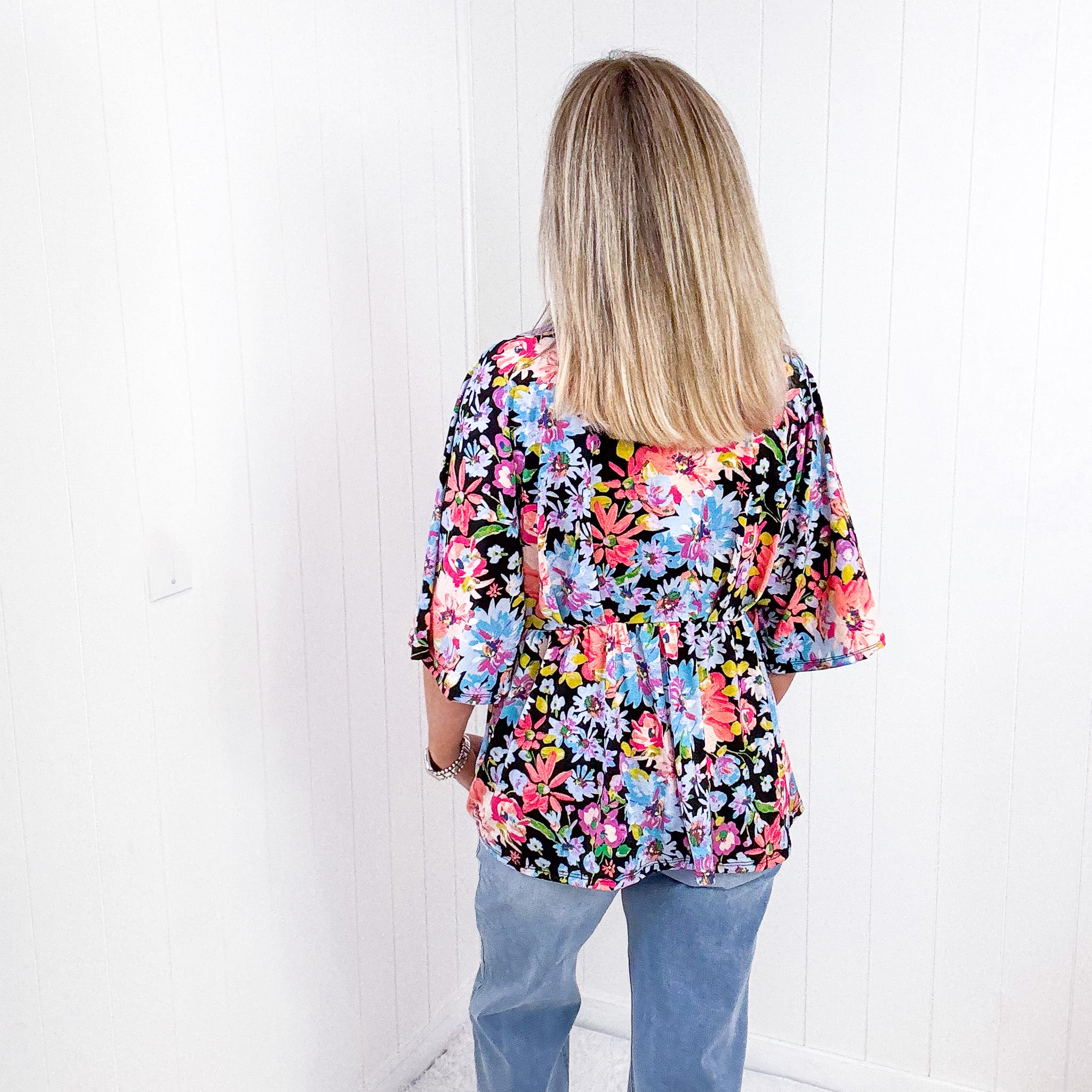 Dear Scarlett Dreamer Peplum Top in Black Multi Floral