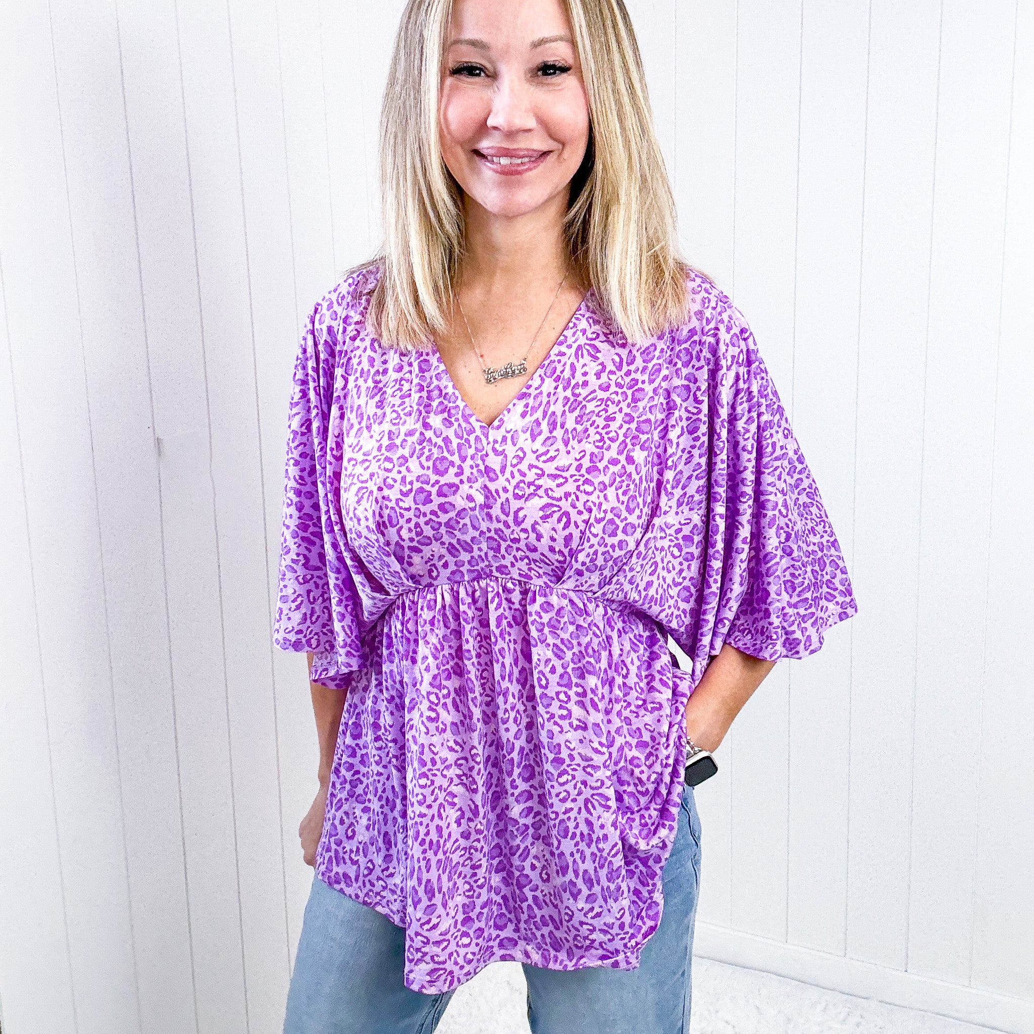 Dear Scarlett Dreamer Peplum Top in Lavender Leopard Print