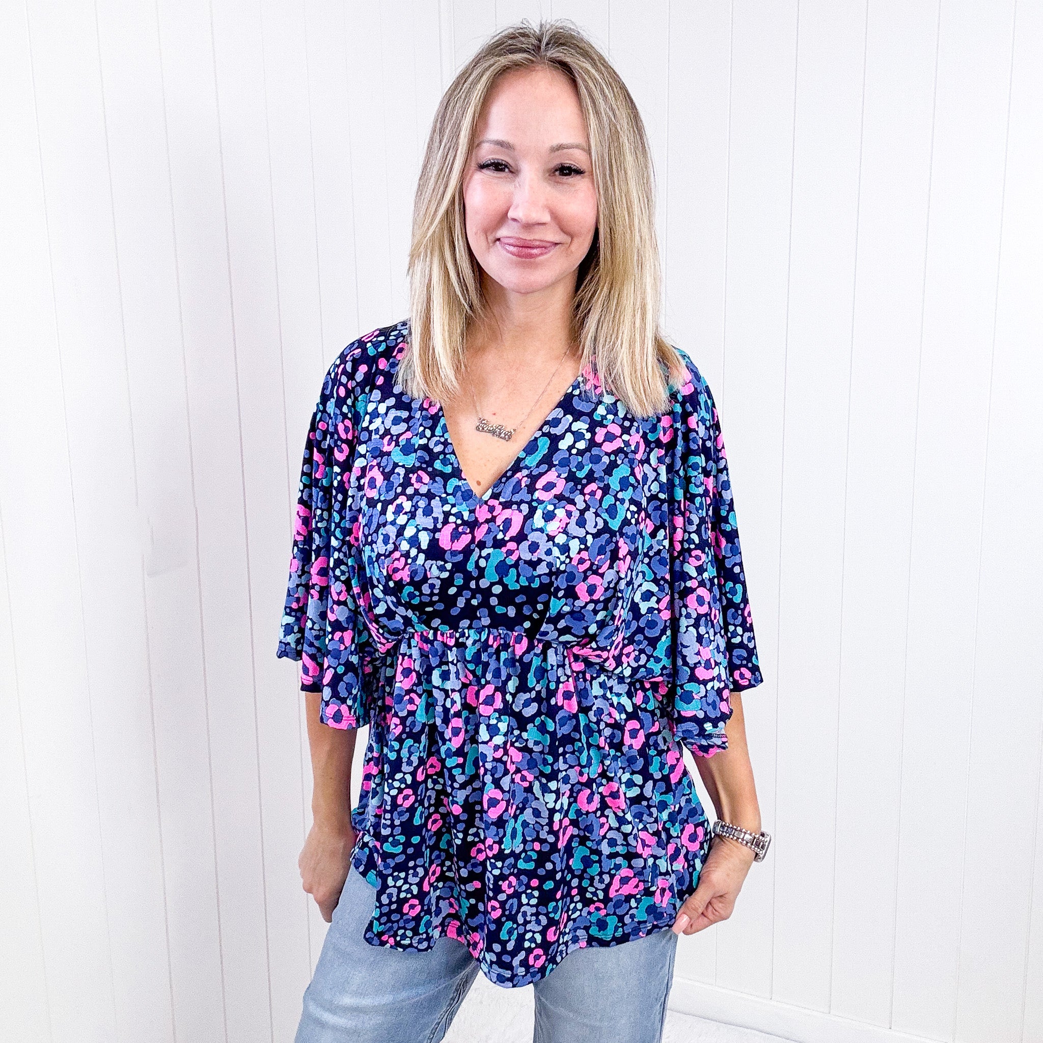 Dear Scarlett Dreamer Peplum Top in Navy and Lavender Animal Print