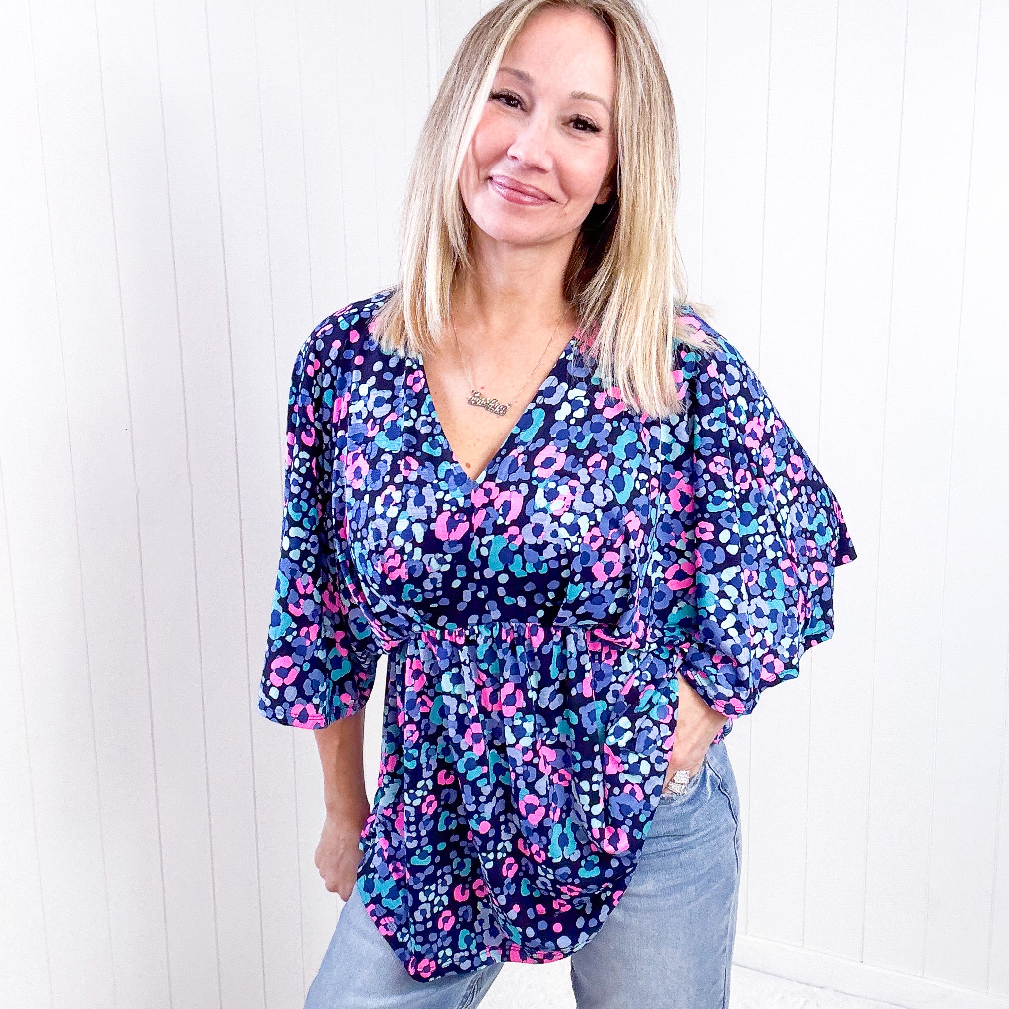 Dear Scarlett Dreamer Peplum Top in Navy and Lavender Animal Print