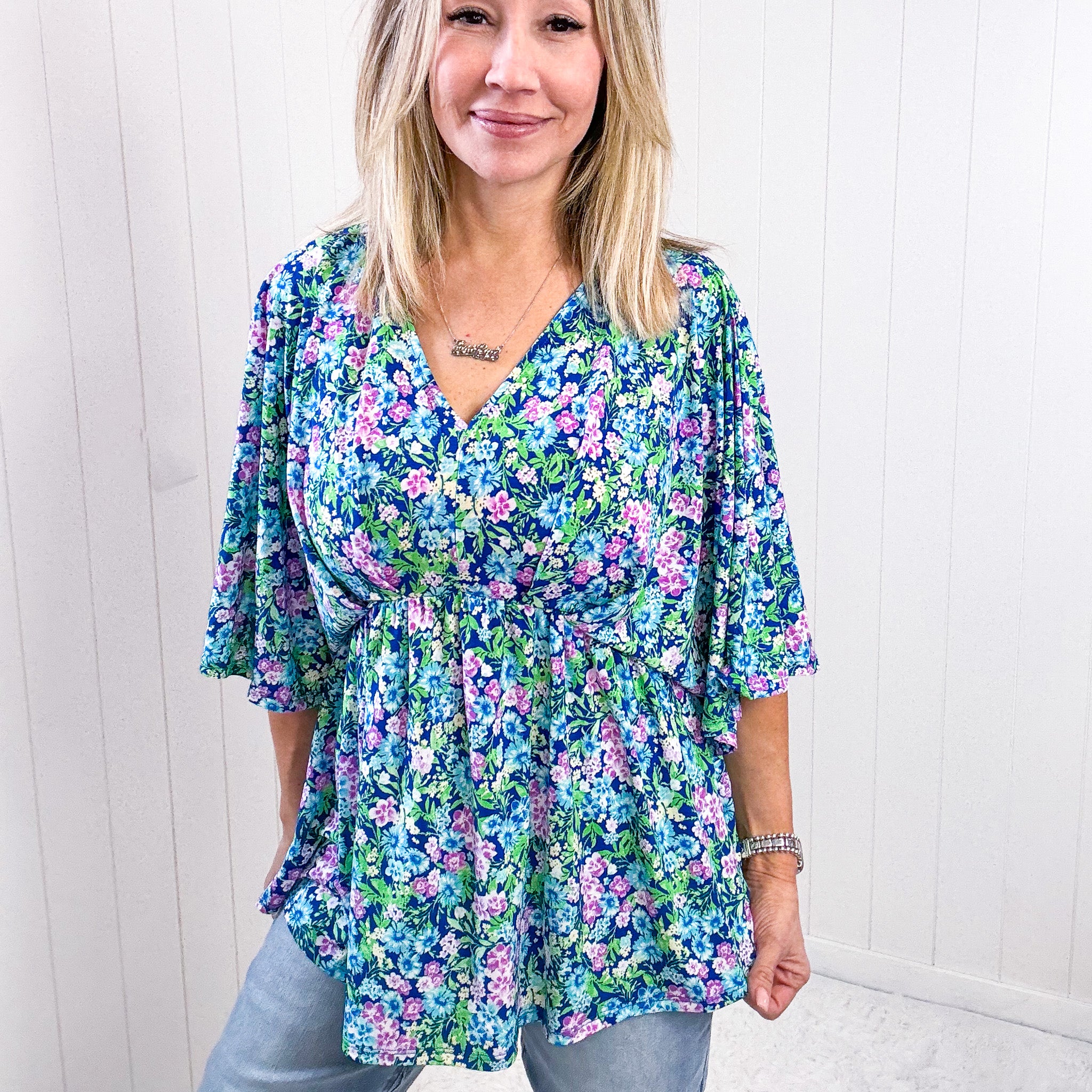 Dear Scarlett Dreamer Peplum Top in Navy and Mint Floral