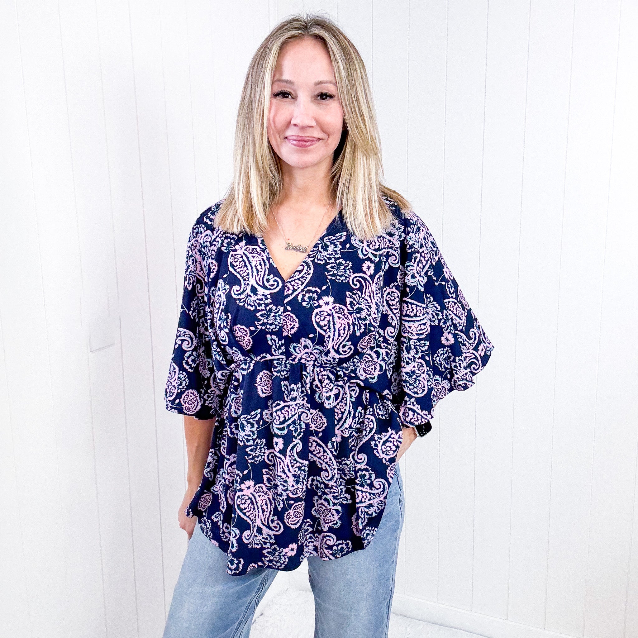 Dear Scarlett Dreamer Peplum Top in Navy and Pink Paisley