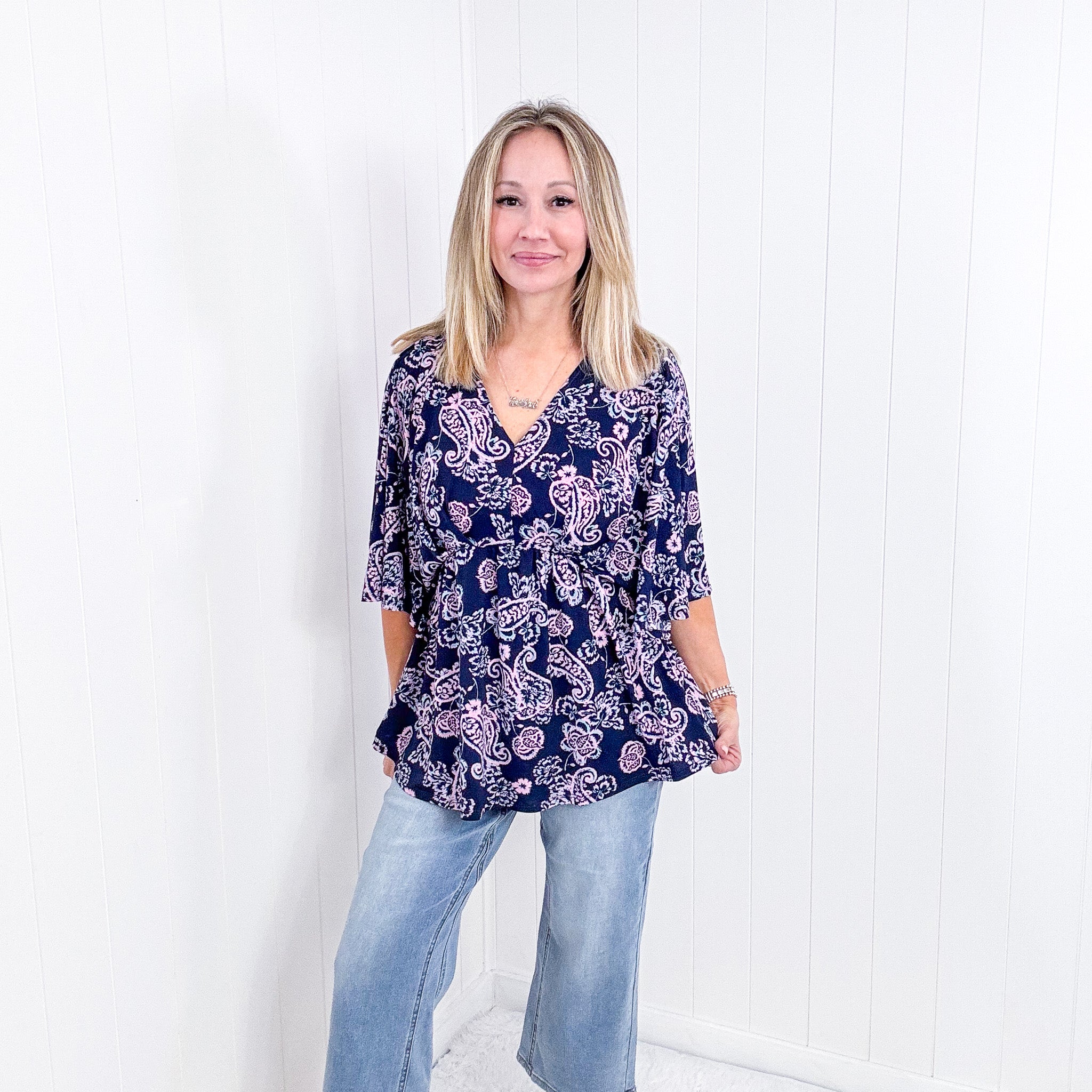 Dear Scarlett Dreamer Peplum Top in Navy and Pink Paisley