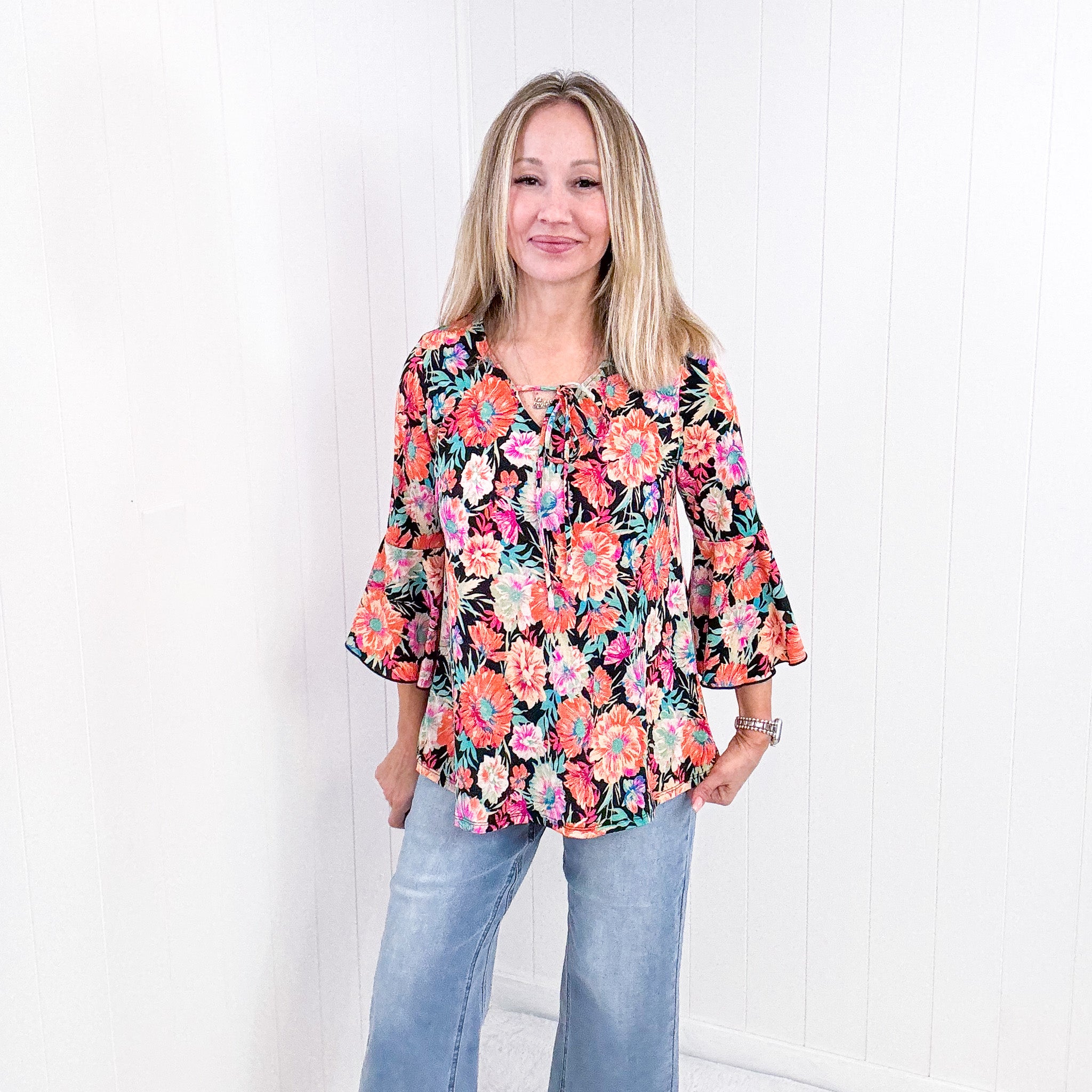 Dear Scarlett Willow Bell Sleeve Top in Black and Persimmon Floral