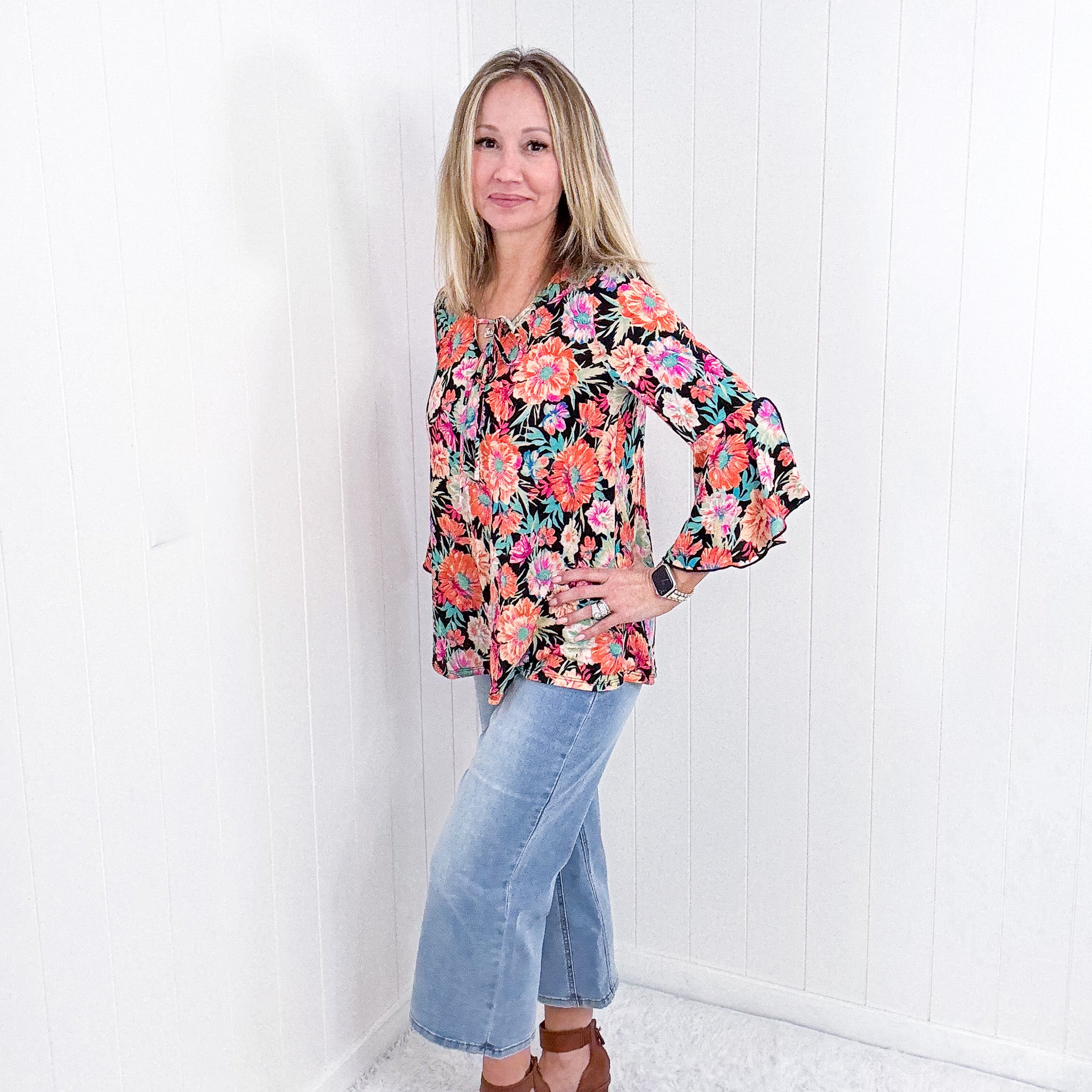 Dear Scarlett Willow Bell Sleeve Top in Black and Persimmon Floral