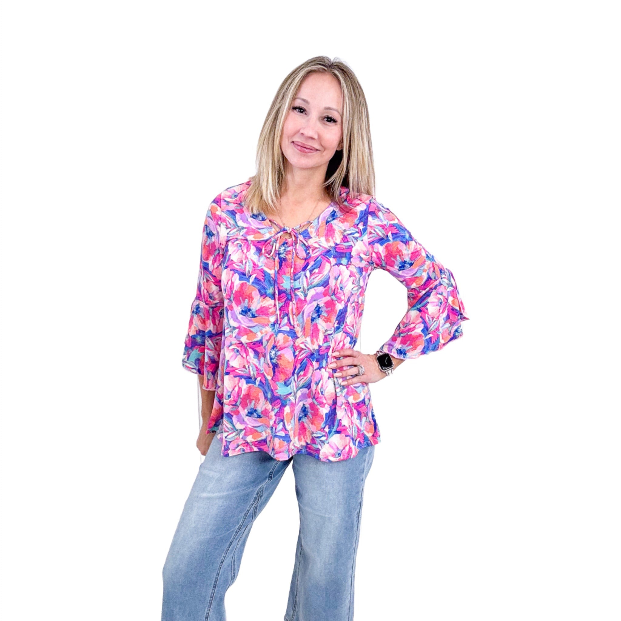 Dear Scarlett Willow Bell Sleeve Top in Royal Brushed Floral