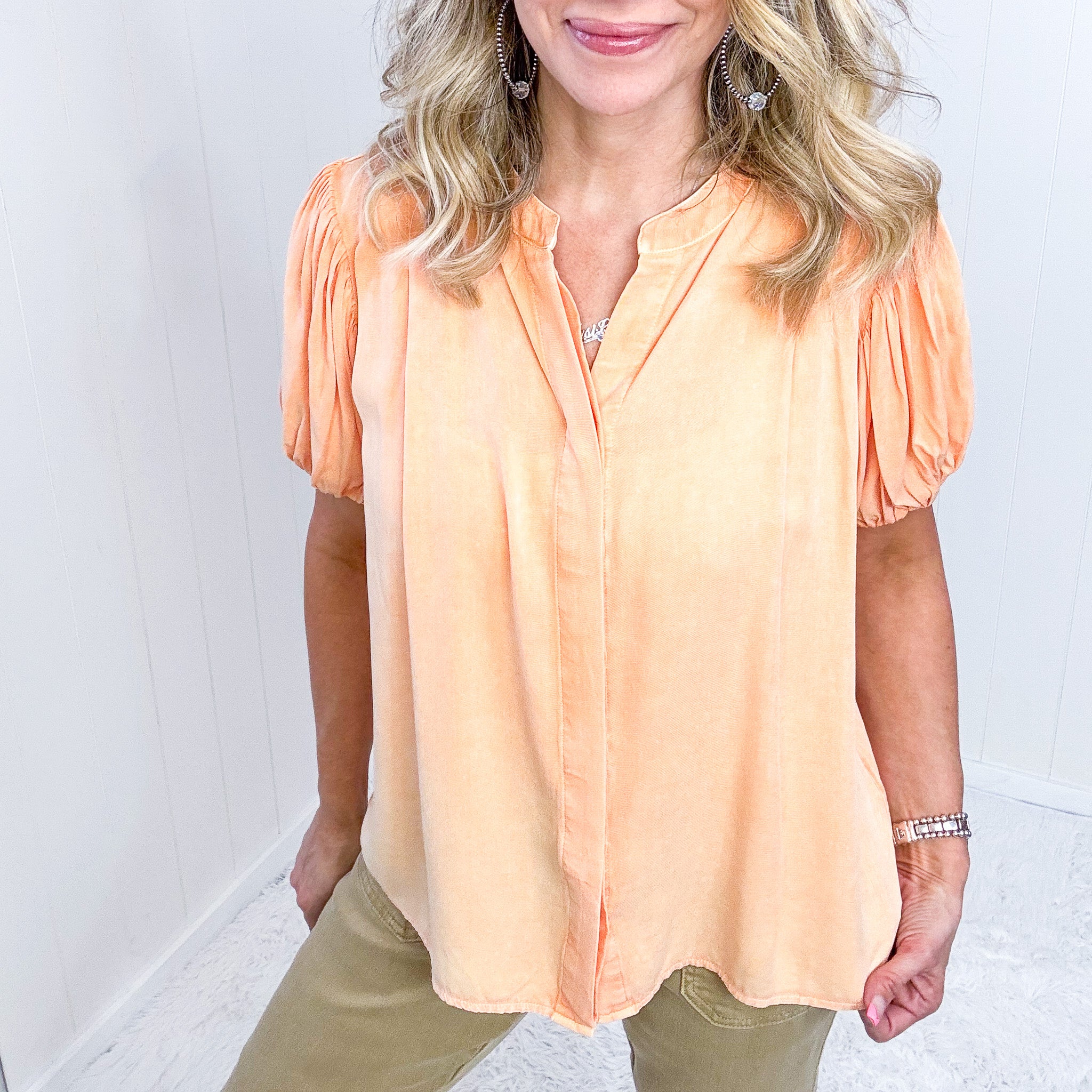 Easel Mineral Washed Orange Bubble Sleeve Blouse