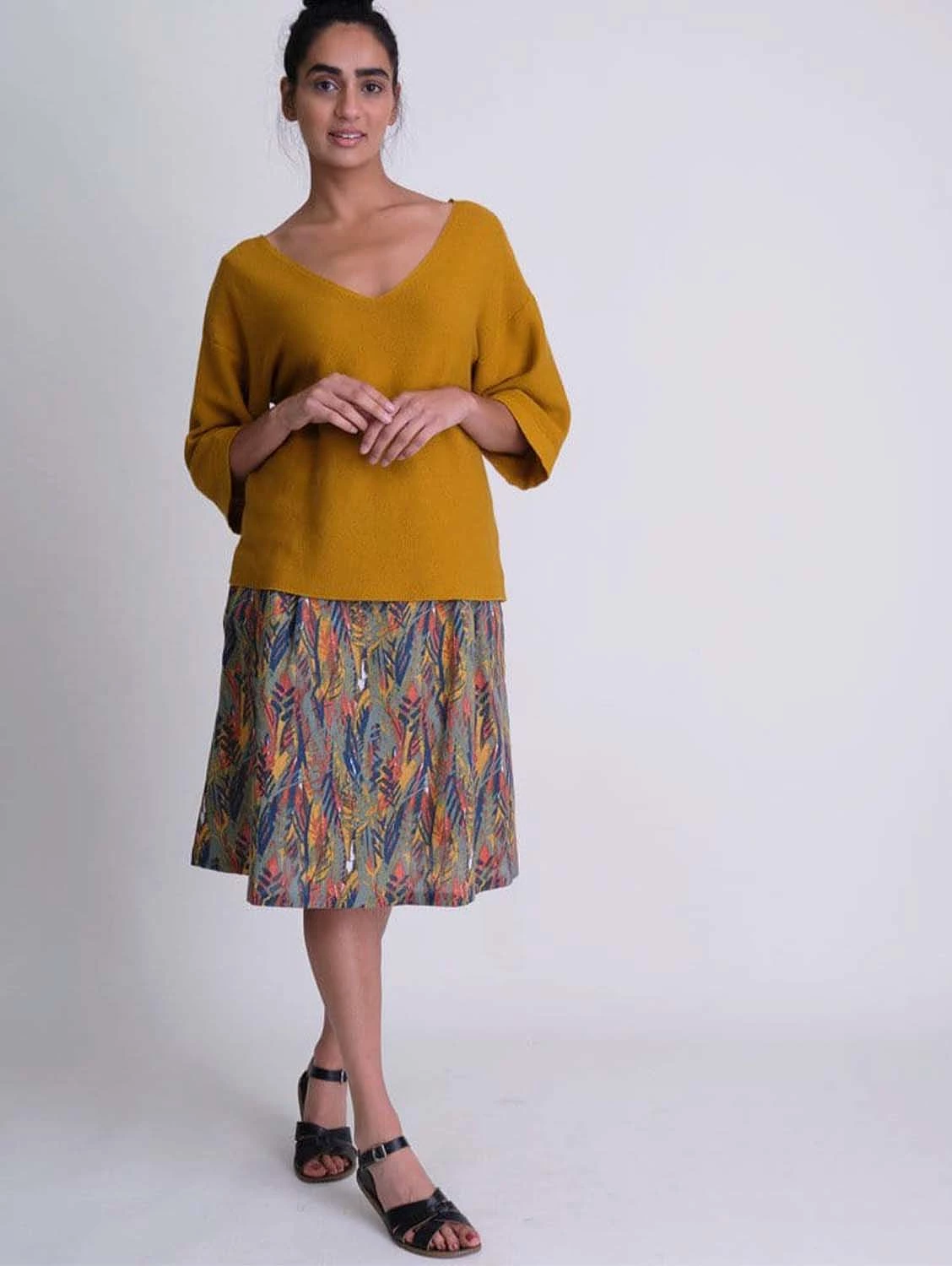 Eve Textured Cotton Knee Length Skirt | Tropical Print