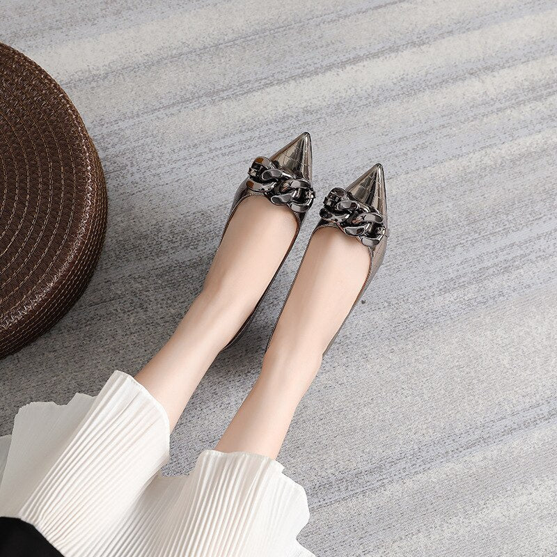 Fashion Leather Pumps with Chain Sexy High Heels Silver Party Women