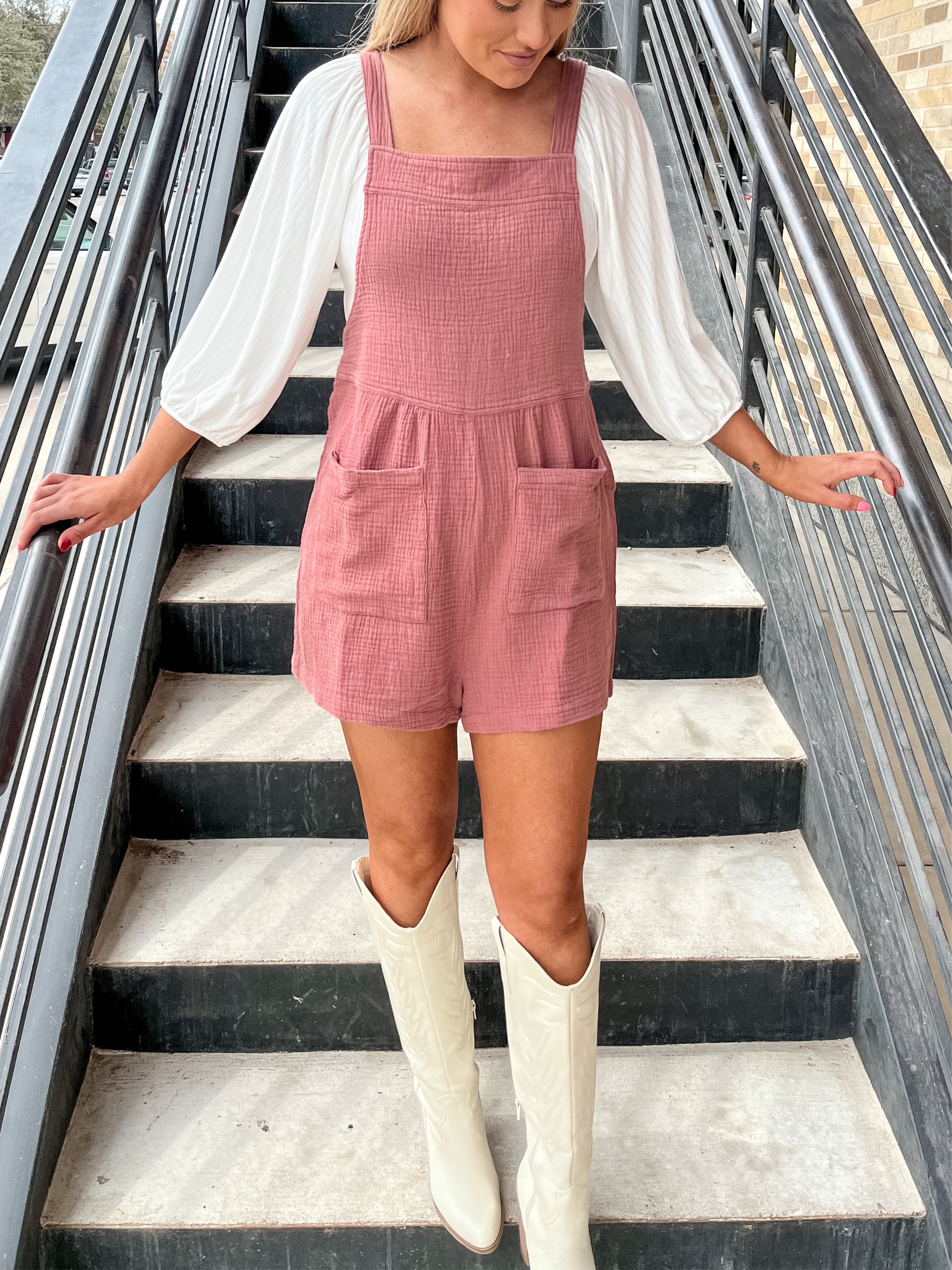 Gauze Overall Romper- Brick