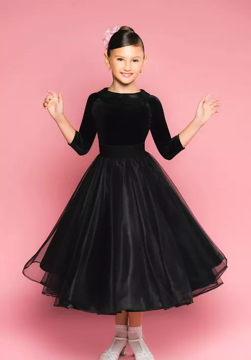 Girl's Two Piece Black Velvet Bodysuit with 3/4 Sleeves and Tulle Ballroom Skirt You039 in Stock