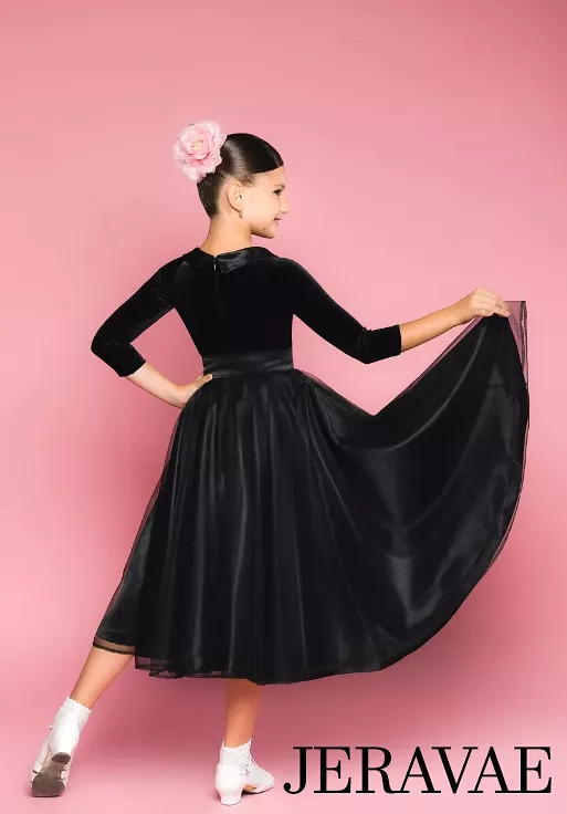 Girl's Two Piece Black Velvet Bodysuit with 3/4 Sleeves and Tulle Ballroom Skirt You039 in Stock