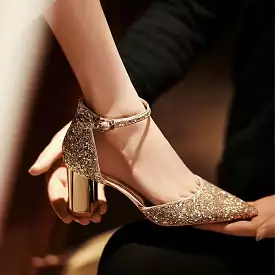 Gold Silver Sequins High Heels Pumps Ankle Straps Wedding Shoe