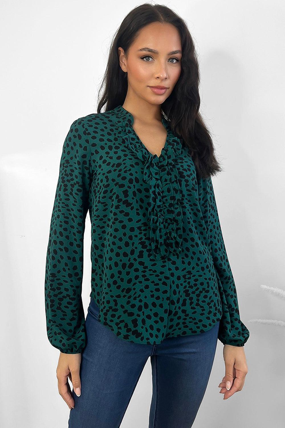 Green Black Leopard Print Frilled Neckline Blouse