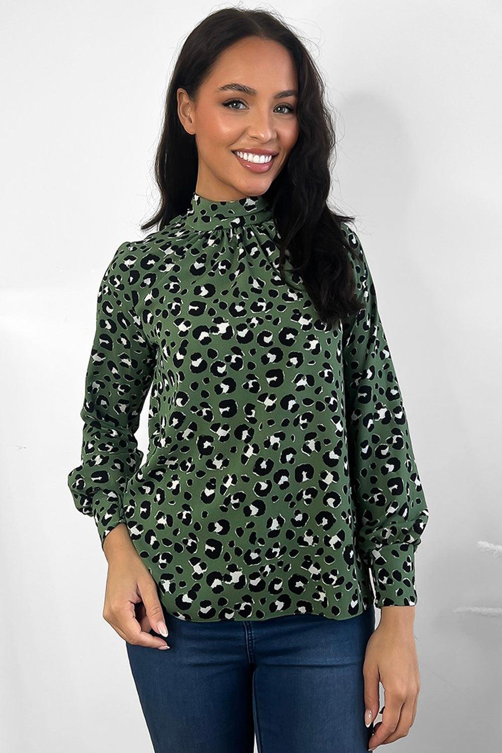 Green Leopard Print High Neck Blouse