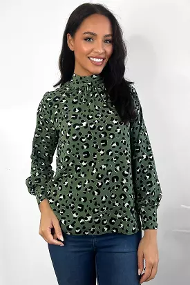 Green Leopard Print High Neck Blouse