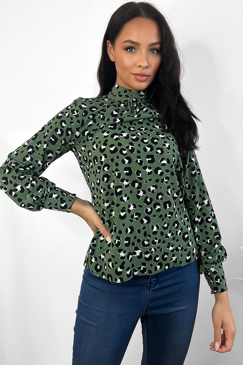 Green Leopard Print High Neck Blouse