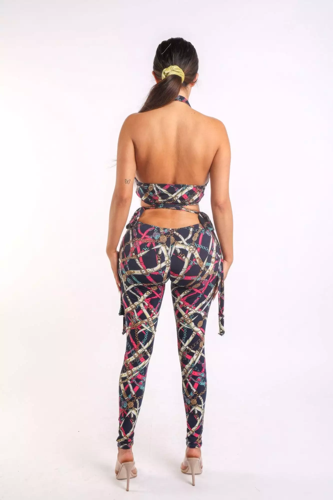 Halter Back Eye Catching Printed Tie Detailed Jumpsuit