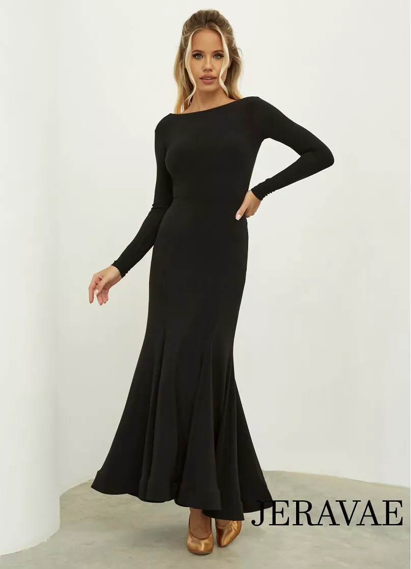 Long Black Ballroom Practice Skirt with Asymmetrical Flared Hem and Velour Décor on Back PRA 886 in Stock